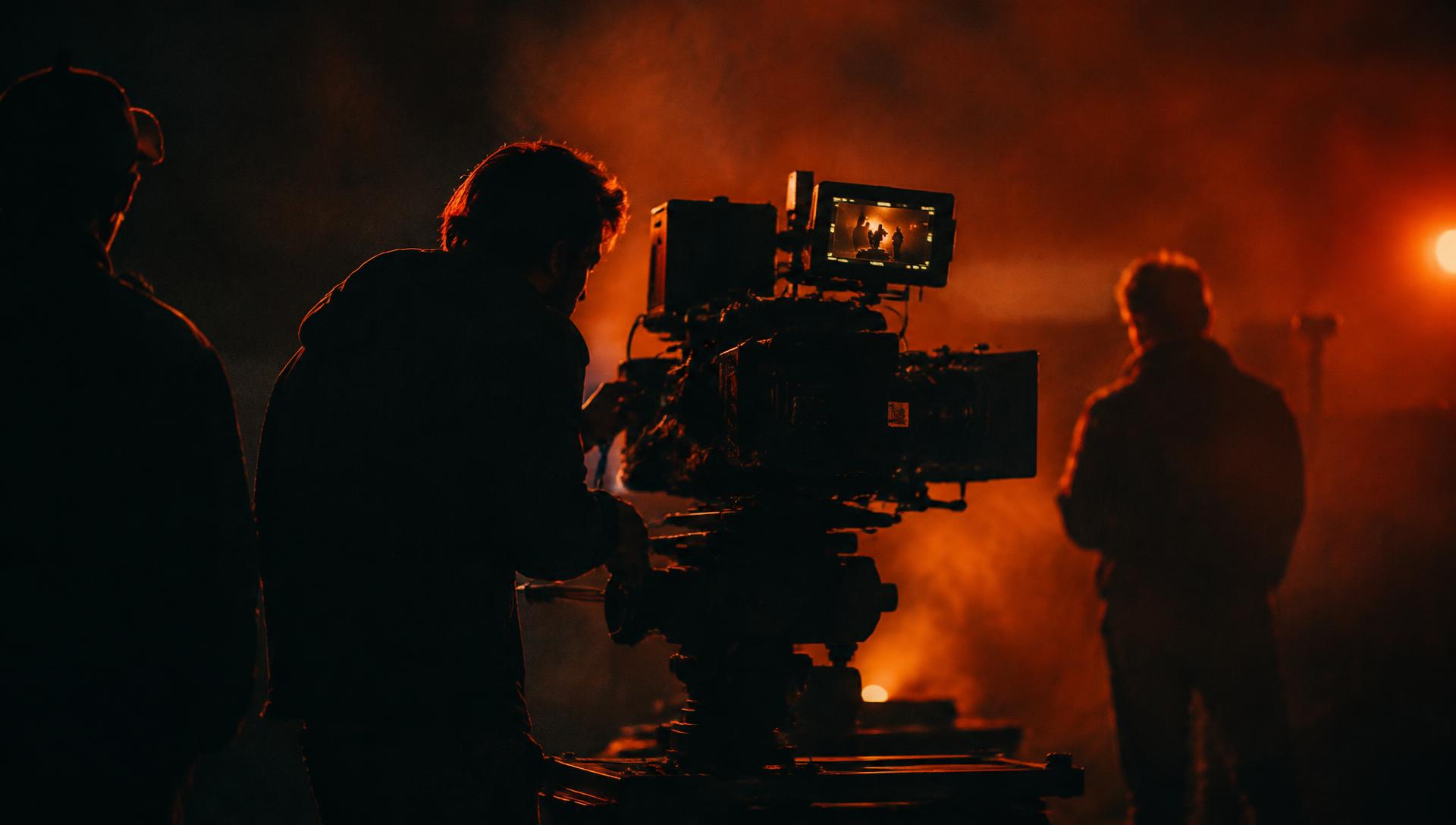 Film crew silhouetted behind a cinema camera on a smoke-filled set